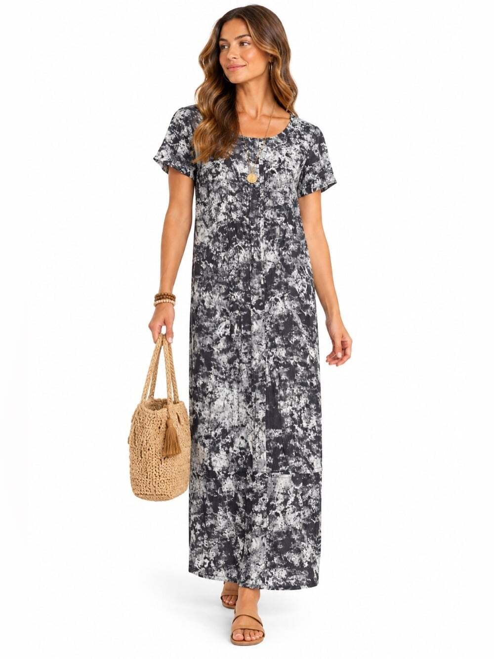 Willow & Clay Abstract Print Maxi Dress S Black Gray Rayon Viscose Monochrome